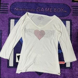 Y2k emo grunge white longsleeve tshirt with bedazzled heart and wings